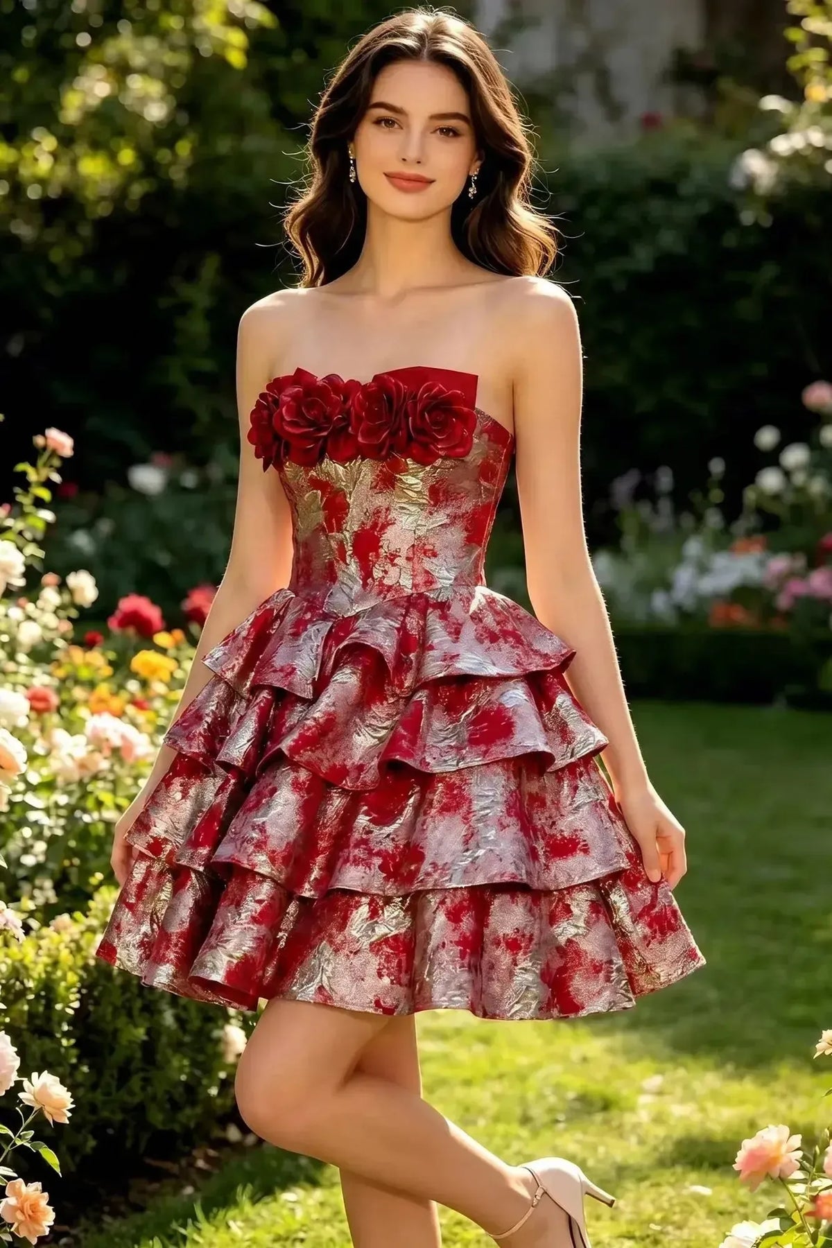 Suzhoufashion Strapless 3D Rose Brocade Tiered Mini Dress with Metallic Accents Homecoming Dresses