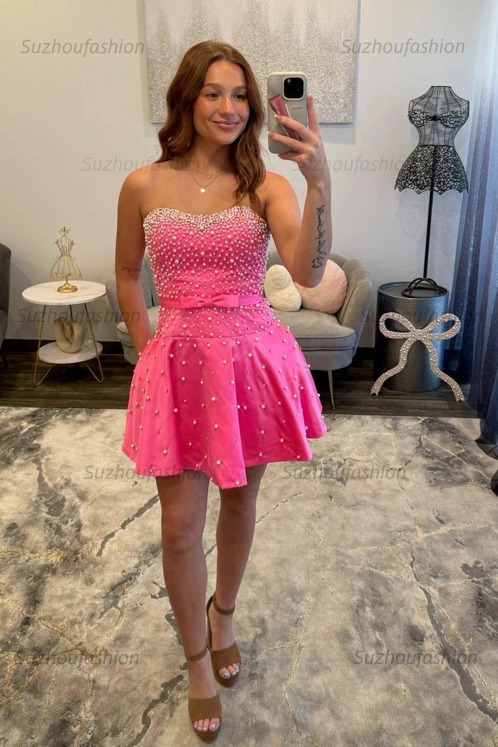 Strapless A Line Homecoming Dress Short Party Dress with Faux Pearls