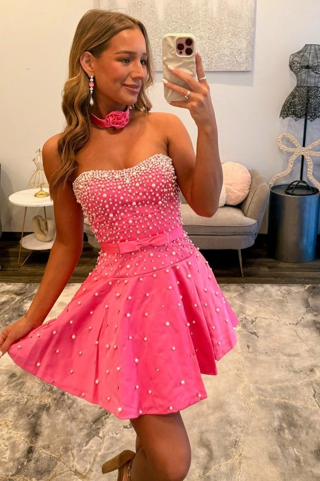 Strapless A Line Homecoming Dress Short Party Dress with Faux Pearls