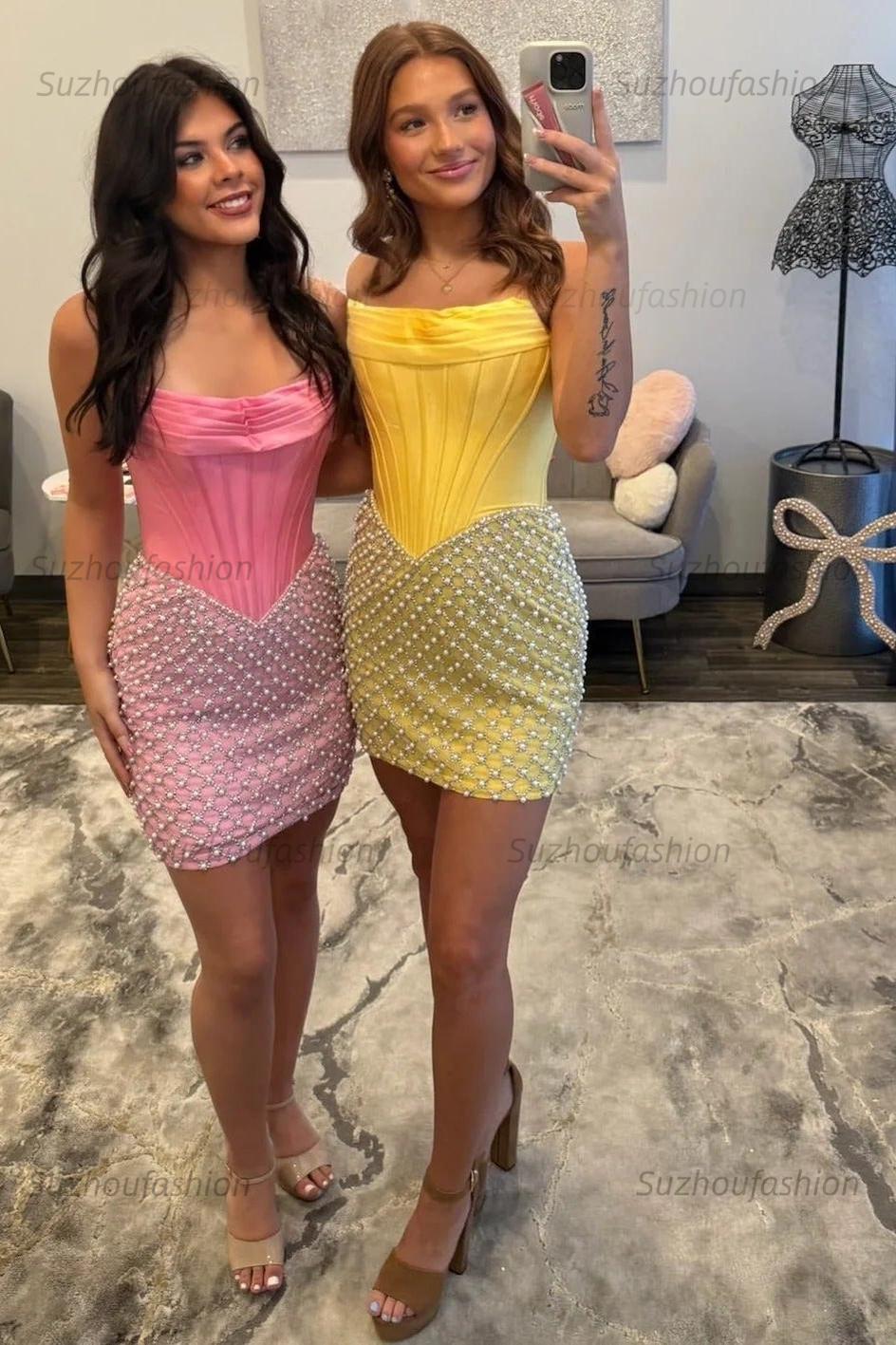 Strapless Beaded Homecoming Dress Bodycon Short Cocktail Dress