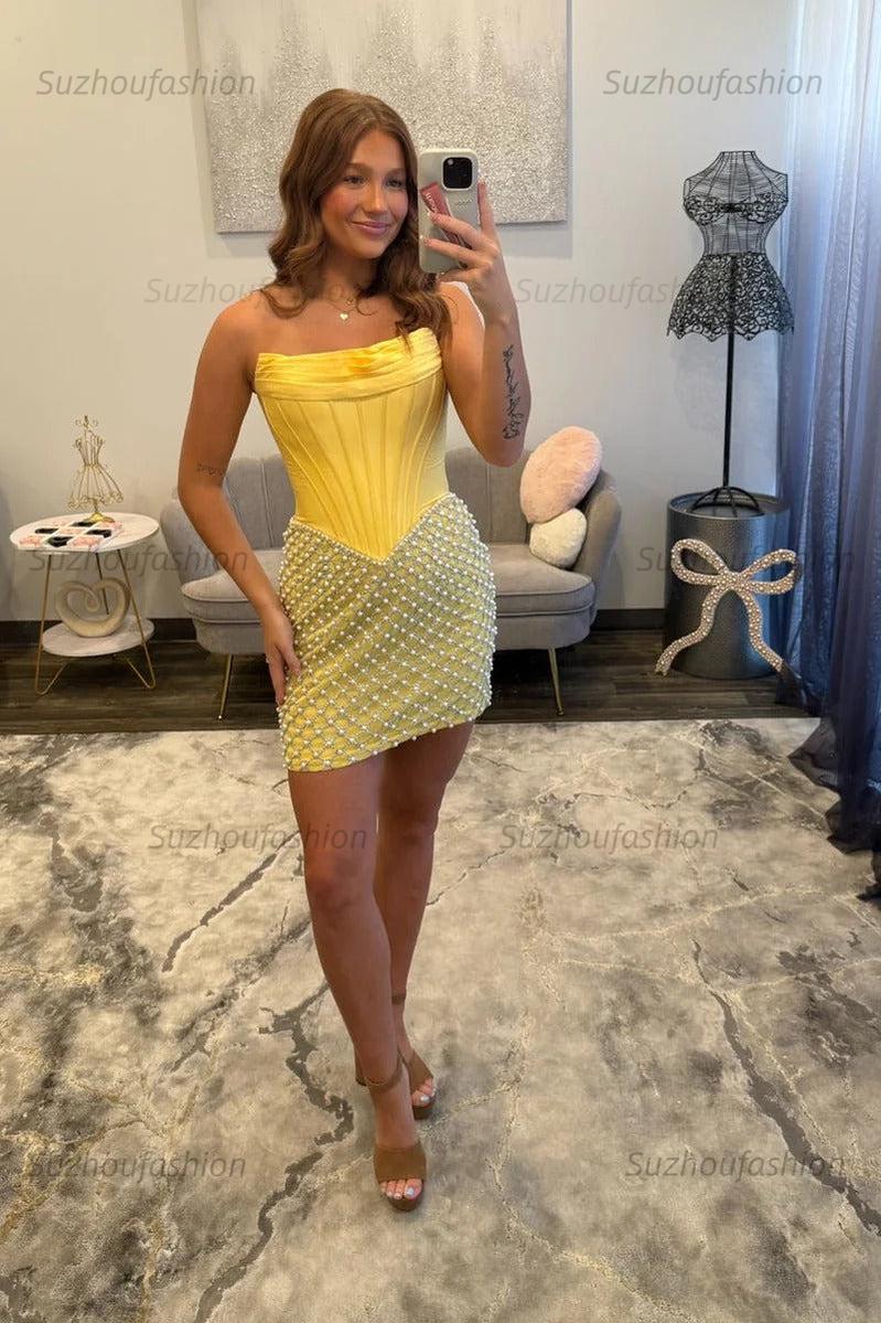 Strapless Beaded Homecoming Dress Bodycon Short Cocktail Dress