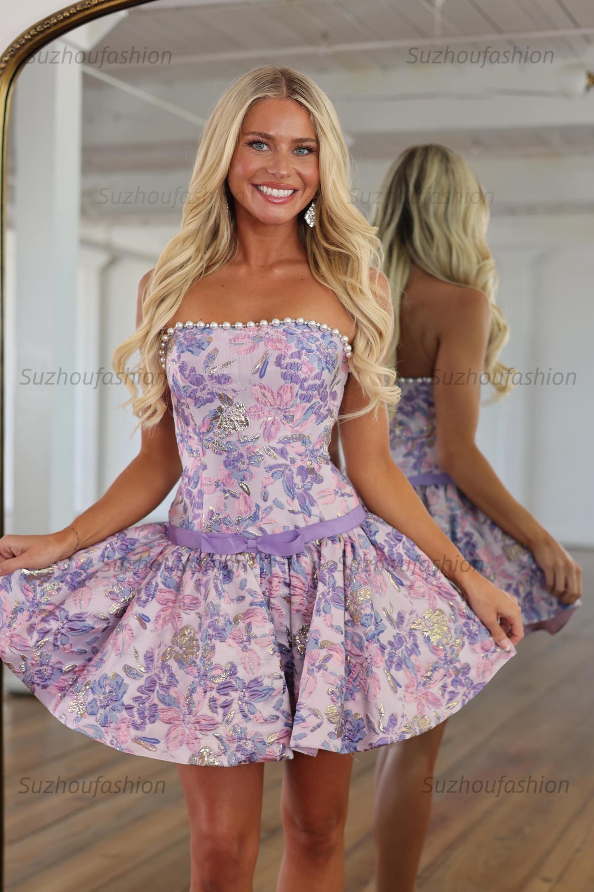Strapless Beaded Jacquard A Line Short Homecoming Dress