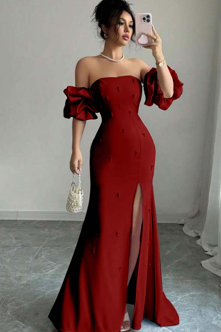 Strapless Bubble Sleeves Long Split Evening Formal Dress With Beading