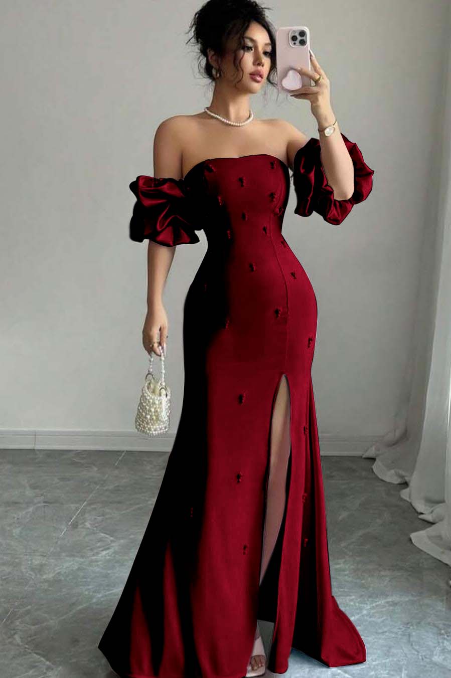 Strapless Bubble Sleeves Long Split Evening Formal Dress With Beading