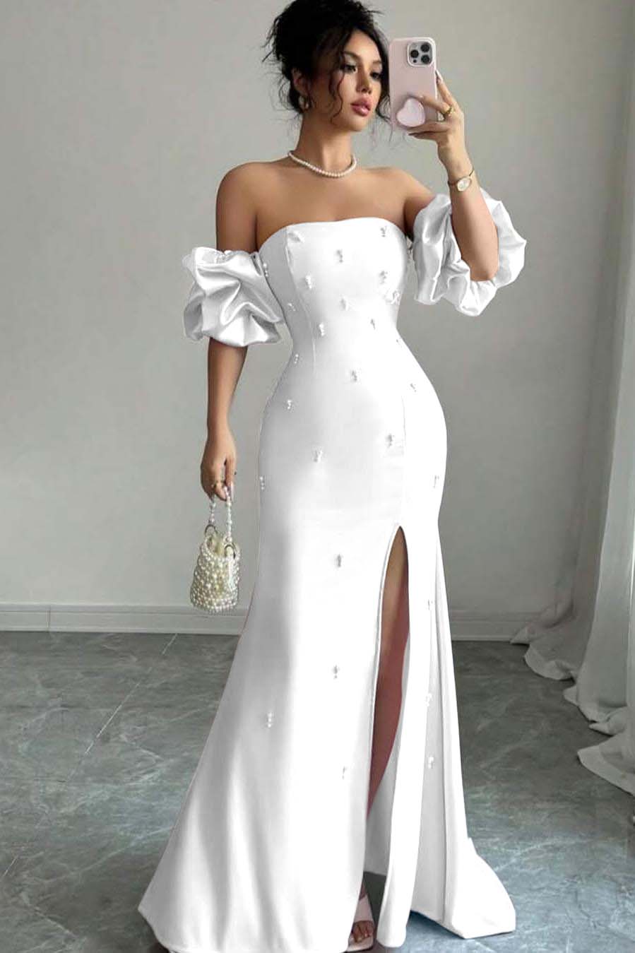 Strapless Bubble Sleeves Long Split Evening Formal Dress With Beading