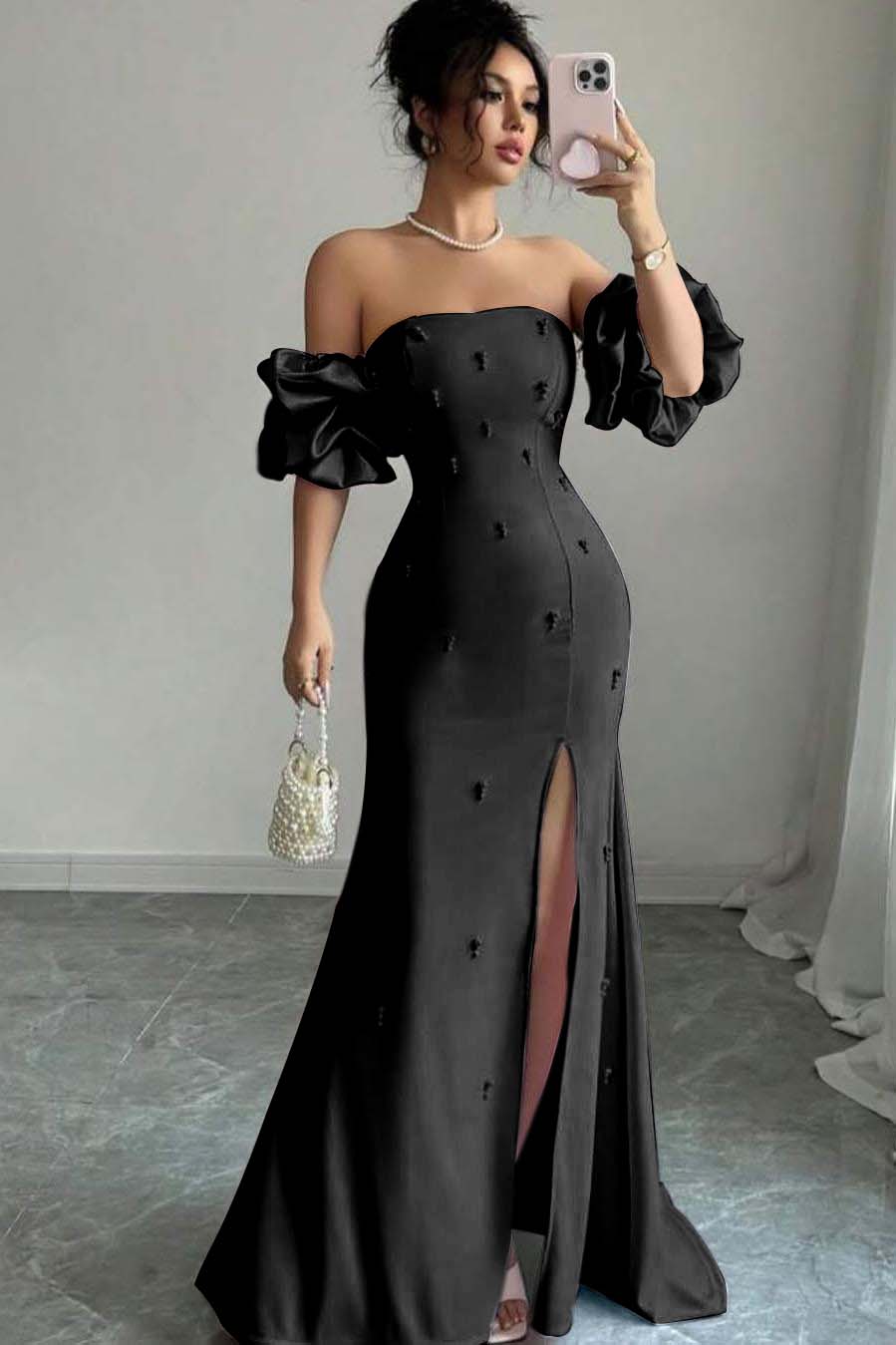 Strapless Bubble Sleeves Long Split Evening Formal Dress With Beading