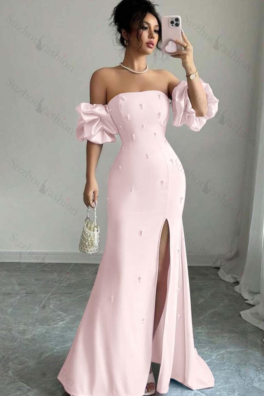 Strapless Bubble Sleeves Long Split Evening Formal Dress With Beading