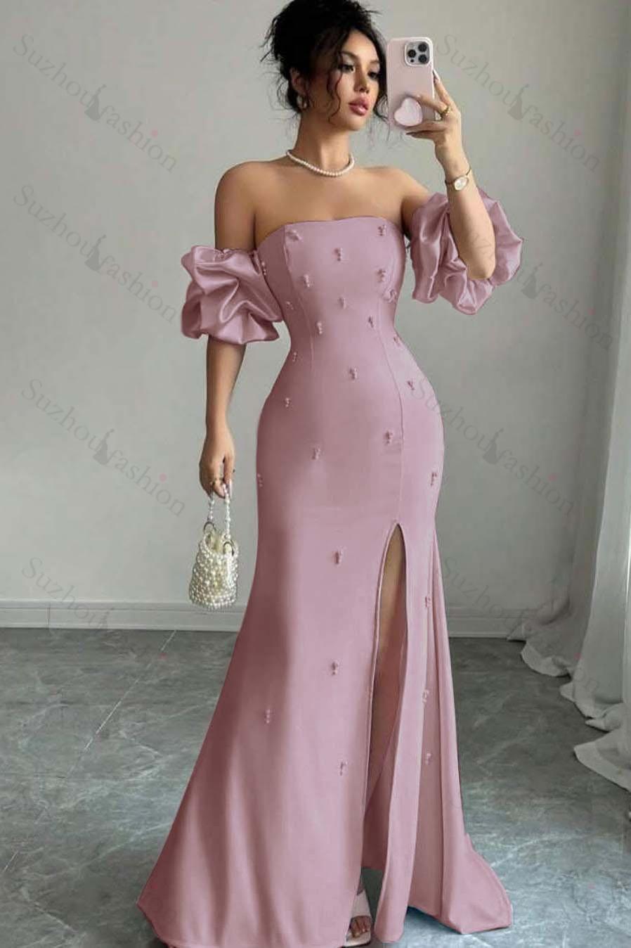 Strapless Bubble Sleeves Long Split Evening Formal Dress With Beading