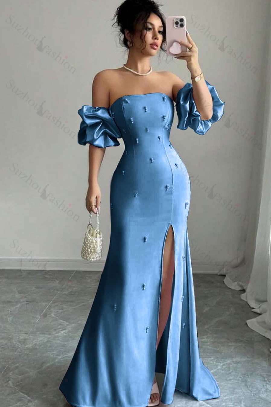 Strapless Bubble Sleeves Long Split Evening Formal Dress With Beading