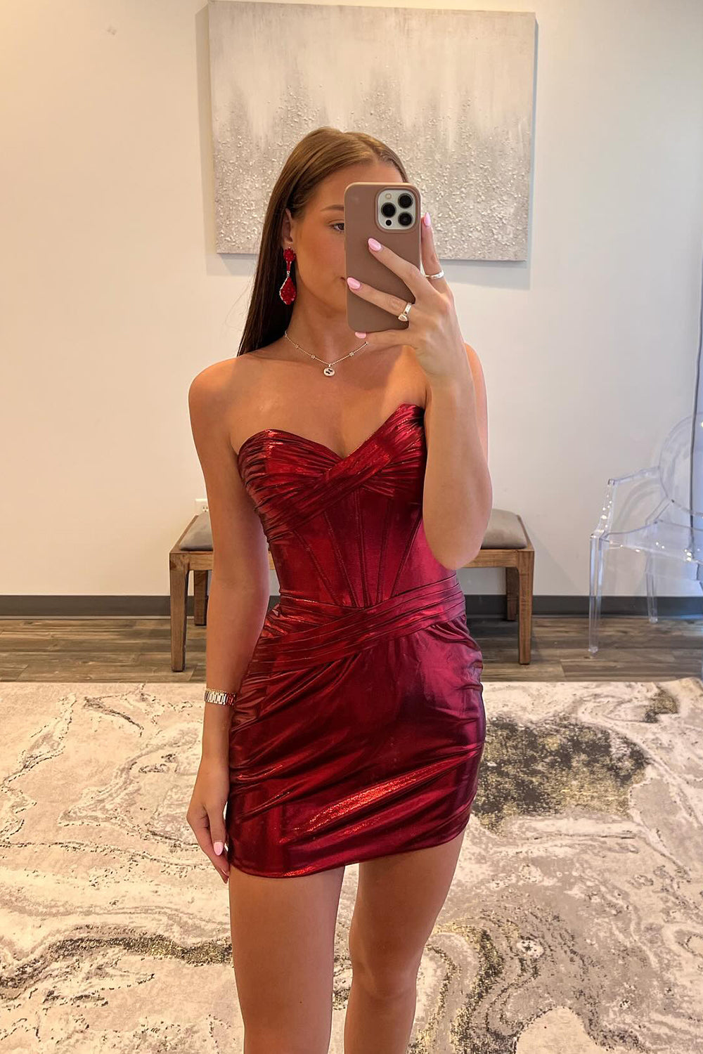 Strapless Burgundy Homecoming Dresses Satin Corset Tight Short Cocktail Dresses