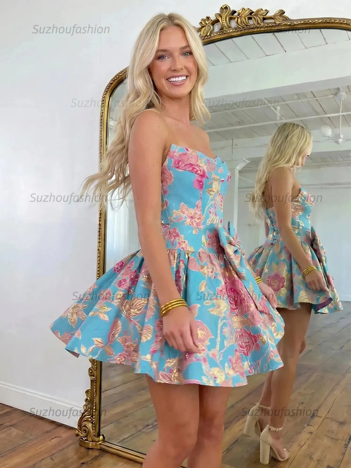 Suzhoufashion Strapless Floral Gold Jacquard A-Line Short Dress with Statement Bow Homecoming Dresses