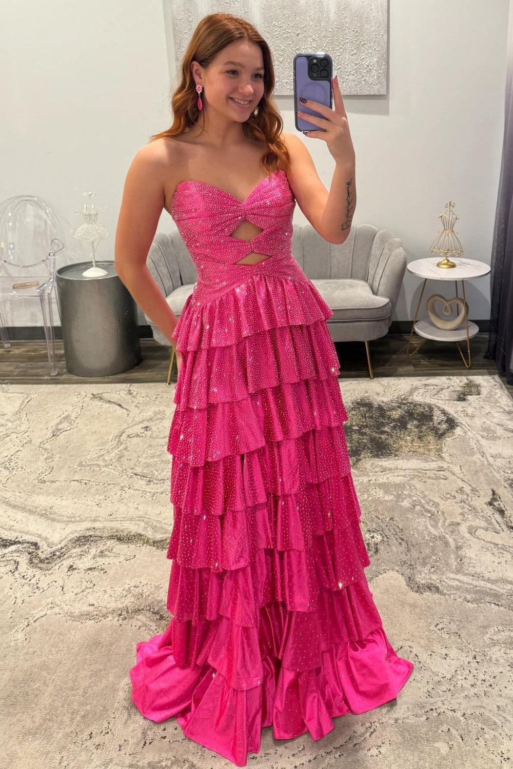 Suzhoufashion Strapless Hot A-Line Prom Dress With Keyhole Bodice Ruffle Skirt Slit And Lace Up Back Formal Evening Gown