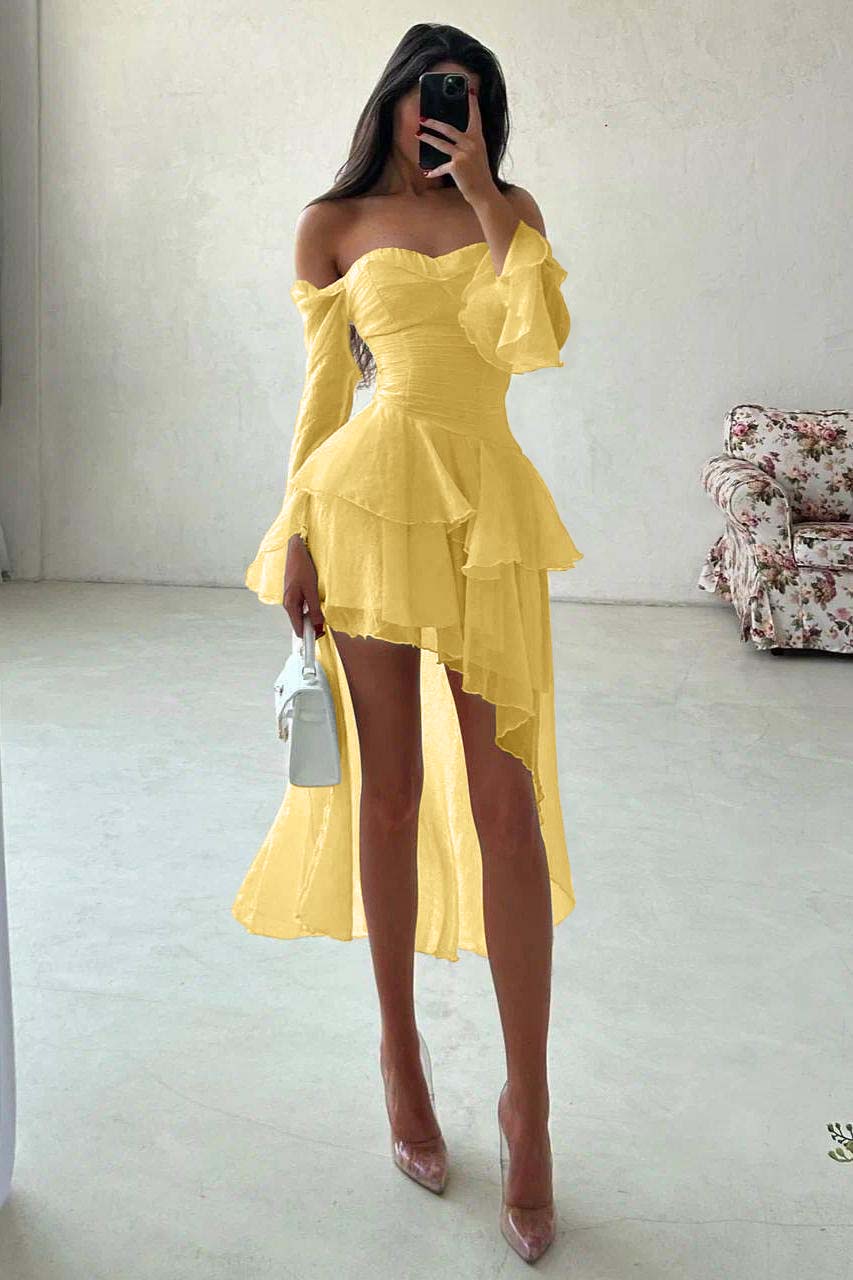 Strapless Long Sleeves Off the Shoulder Short Evening Formal Dress With Ruffled