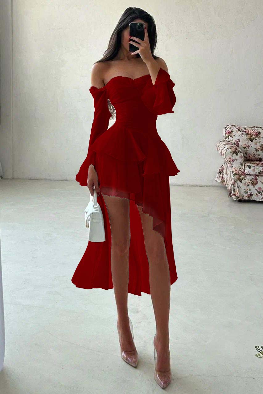 Strapless Long Sleeves Off the Shoulder Short Evening Formal Dress With Ruffled