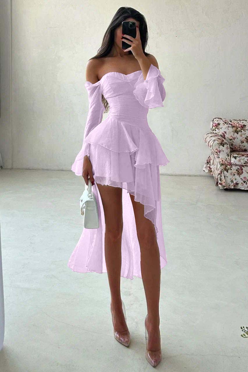 Strapless Long Sleeves Off the Shoulder Short Evening Formal Dress With Ruffled
