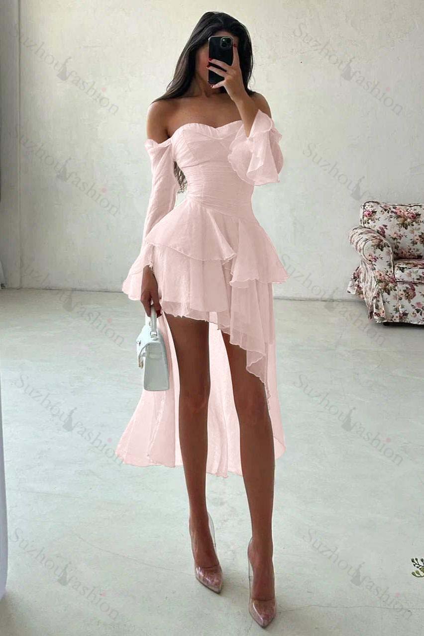 Strapless Long Sleeves Off the Shoulder Short Evening Formal Dress With Ruffled