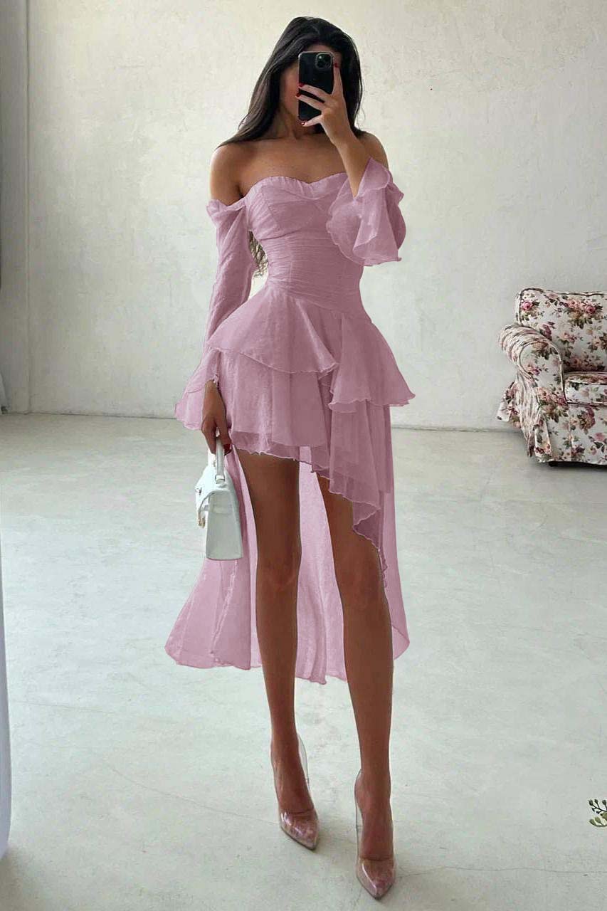 Strapless Long Sleeves Off the Shoulder Short Evening Formal Dress With Ruffled