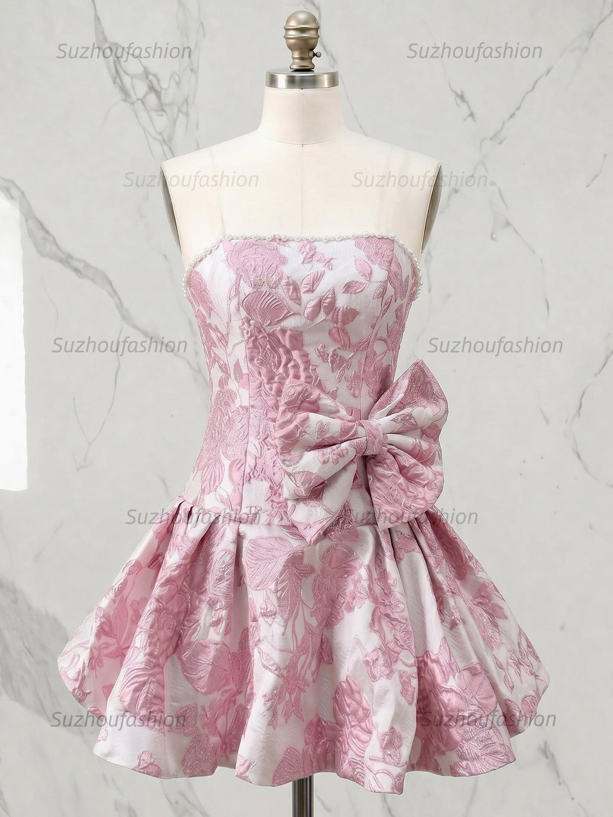 Suzhoufashion Strapless Pearl-Trimmed Floral Jacquard Short Homecoming Dresses with Side Bow