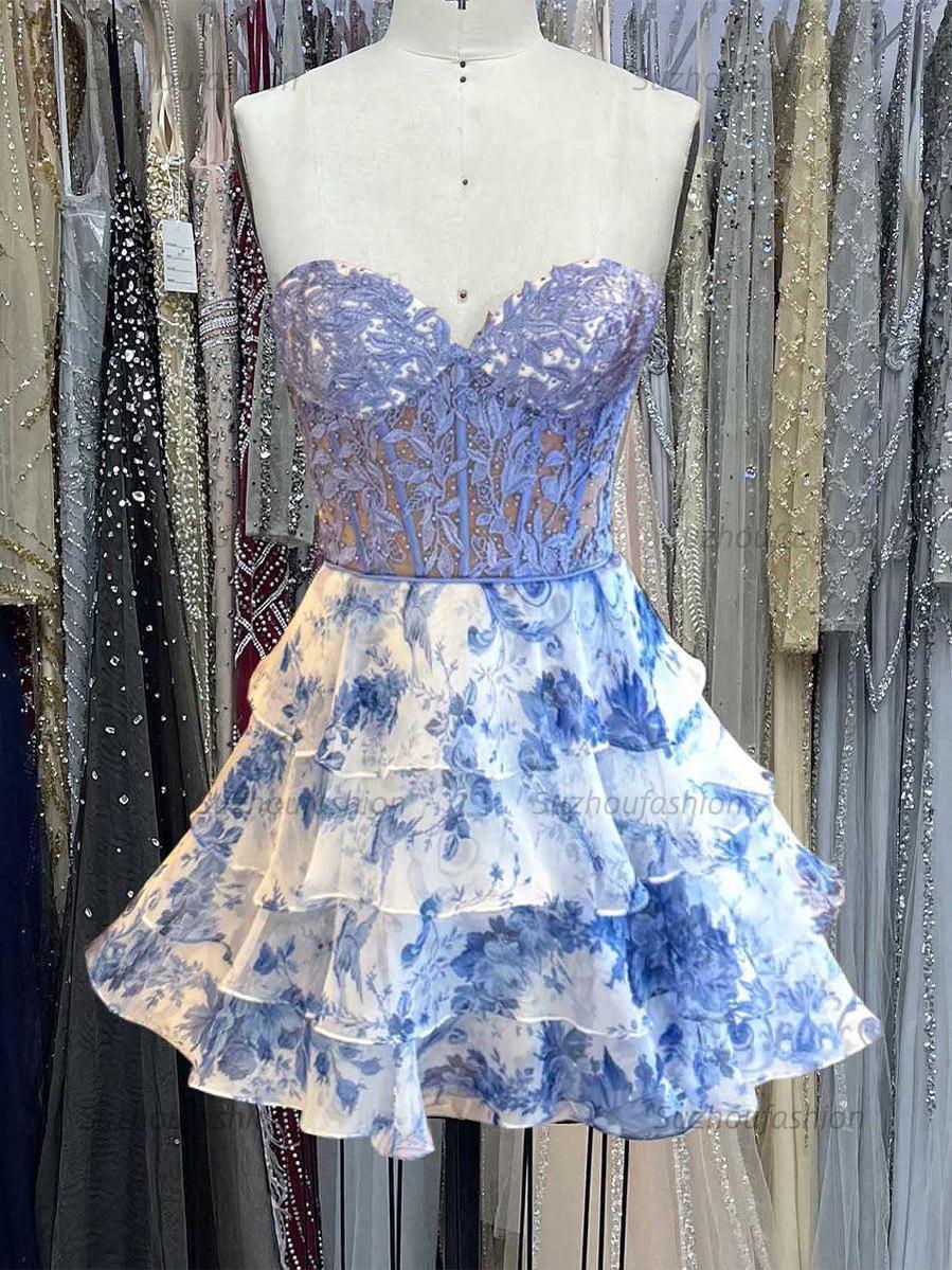Suzhoufashion Strapless Printing Sheer Bodice Tiered Short Homecoming Dress