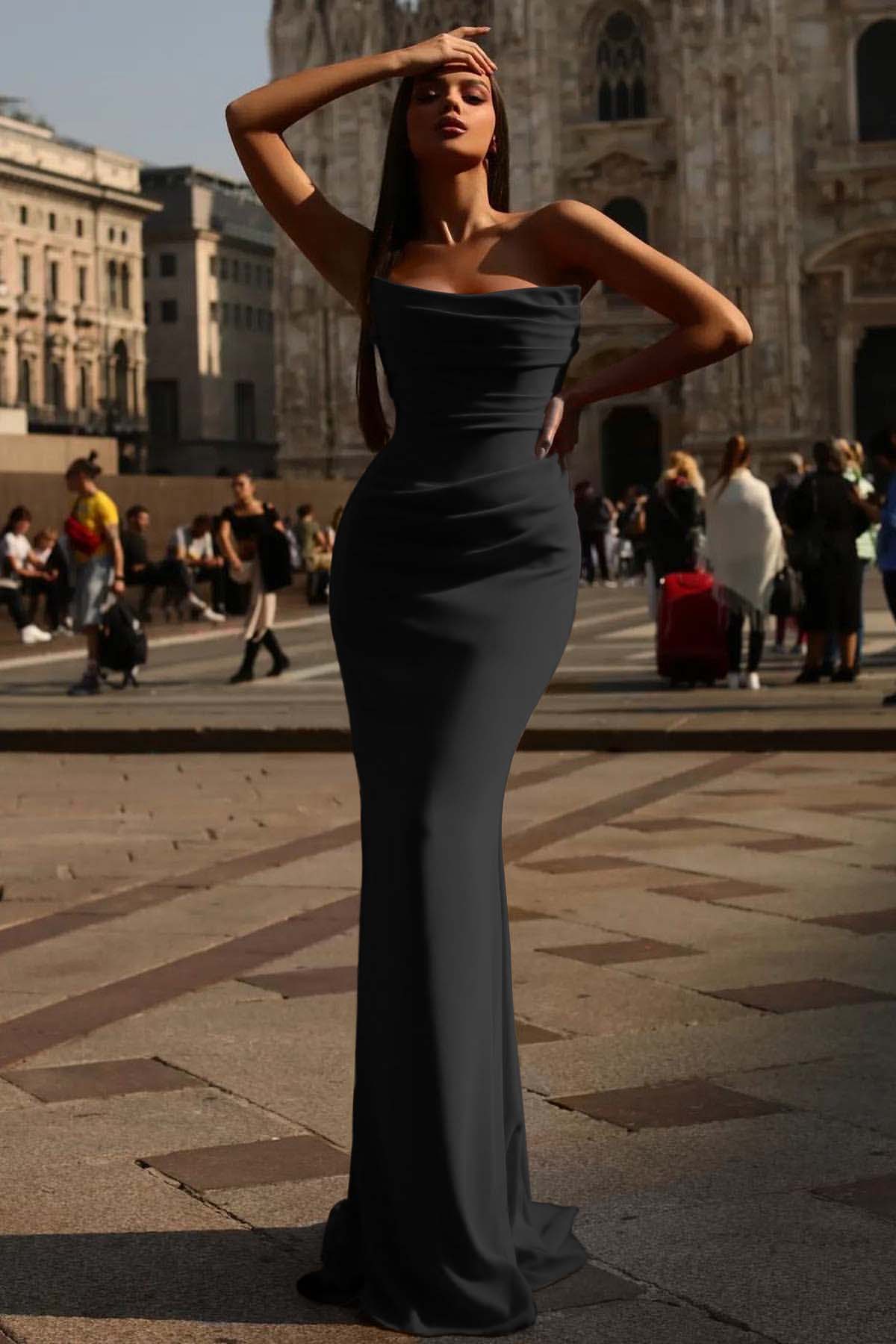 Strapless Prom Dress Red Sleeveless Pleated Mermaid Evening Formal Dress