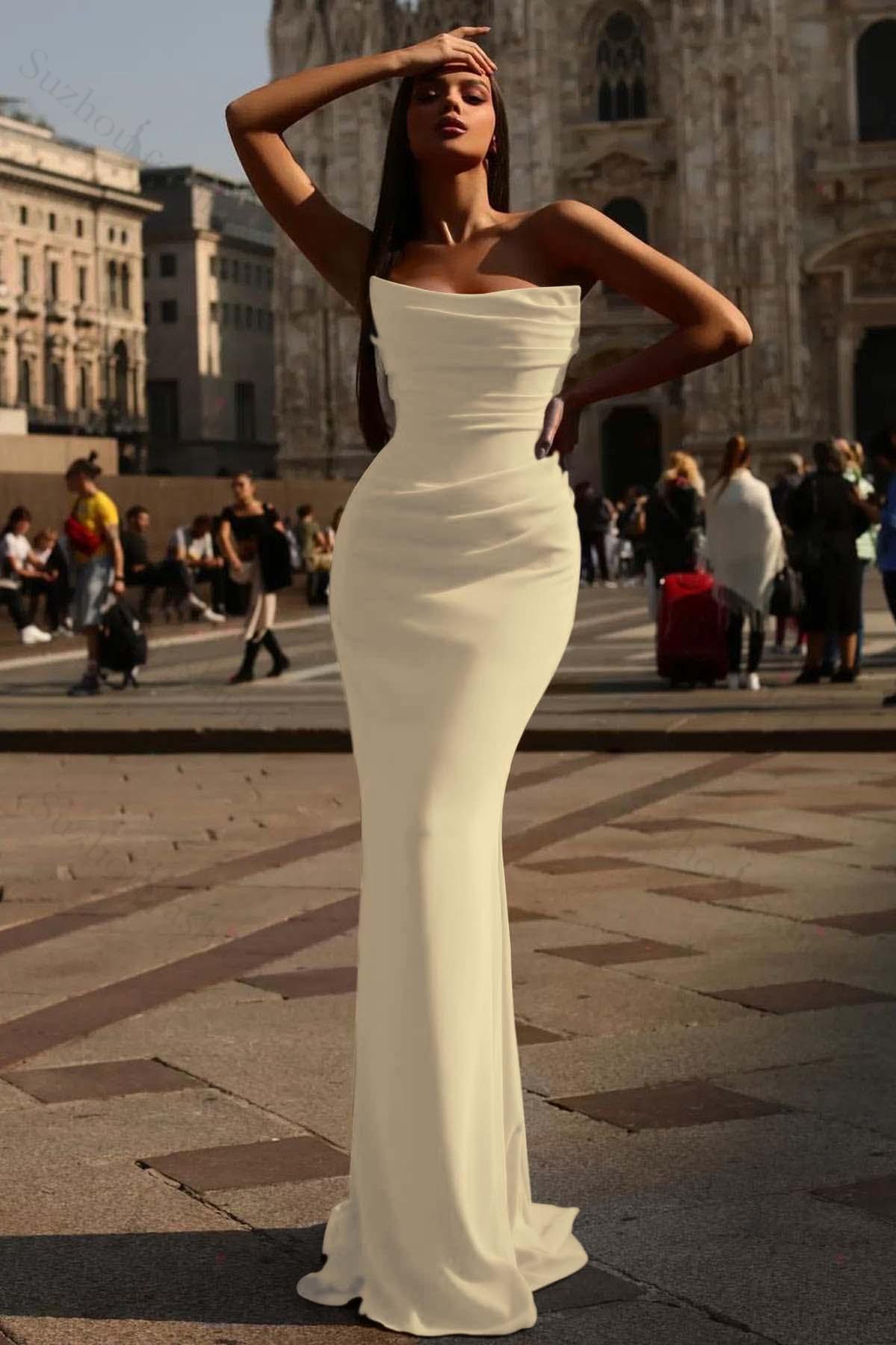 Strapless Prom Dress Red Sleeveless Pleated Mermaid Evening Formal Dress