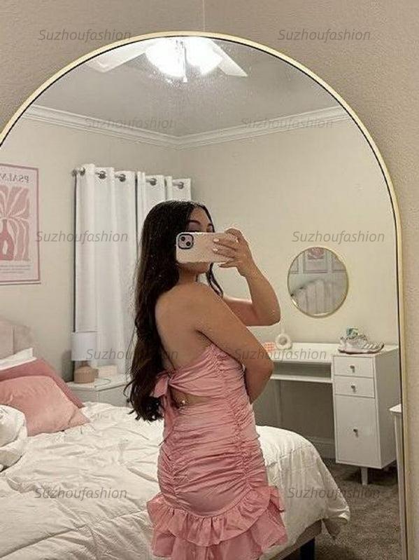 Suzhoufashion Strapless Ruched Bow Back Homecoming Dress with Ruffle