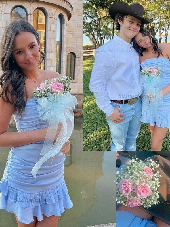 Suzhoufashion Strapless Ruched Bow Back Homecoming Dress with Ruffle