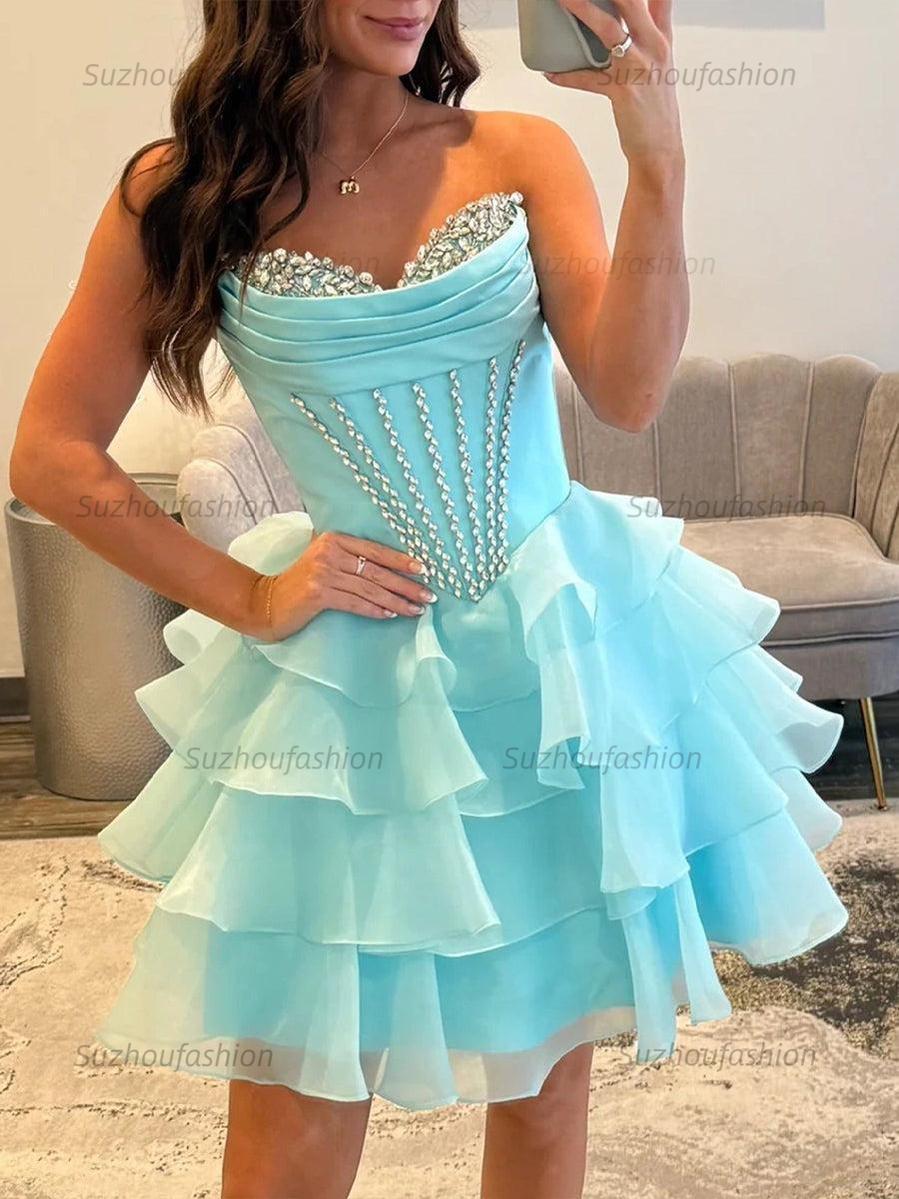 Suzhoufashion Strapless Ruffle Tiered Short Homecoming Dress with Crystal