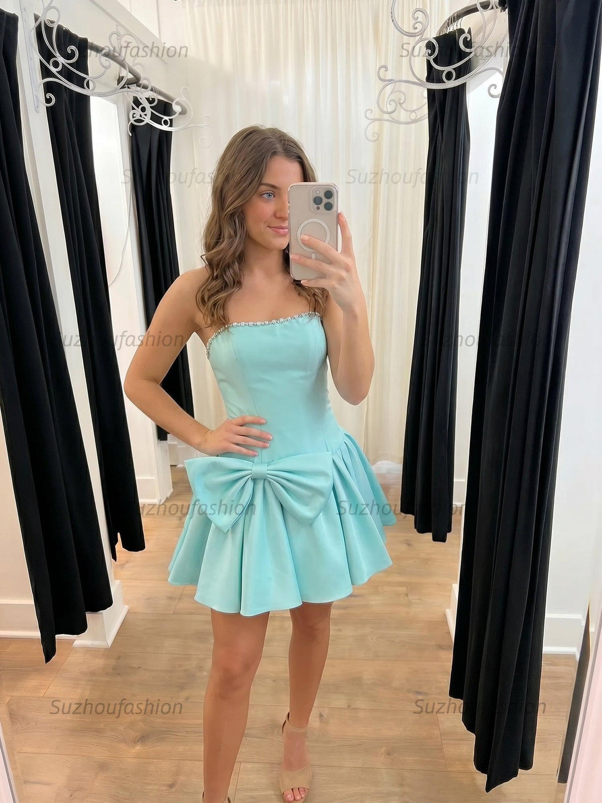 Suzhoufashion Strapless Satin Homecoming Dresses Mini Cocktail Dresses with Oversized Waist Bow