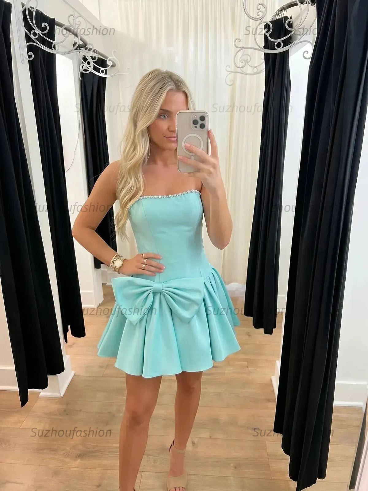 Suzhoufashion Strapless Satin Homecoming Dresses Mini Cocktail Dresses with Oversized Waist Bow