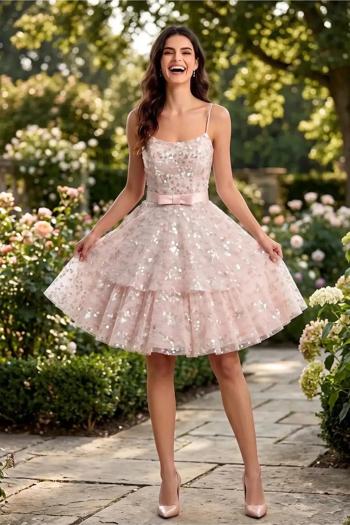 Suzhoufashion Strapless Sequined Layered Tulle Mini Dress with Waist Bow Homecoming Dresses