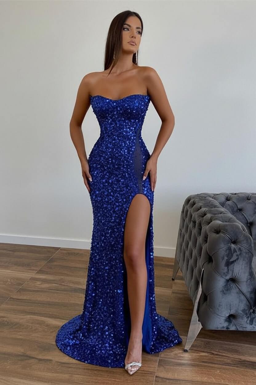 Chic Sequined Long Strapless A-line Evening Prom Dresses with Front Slit