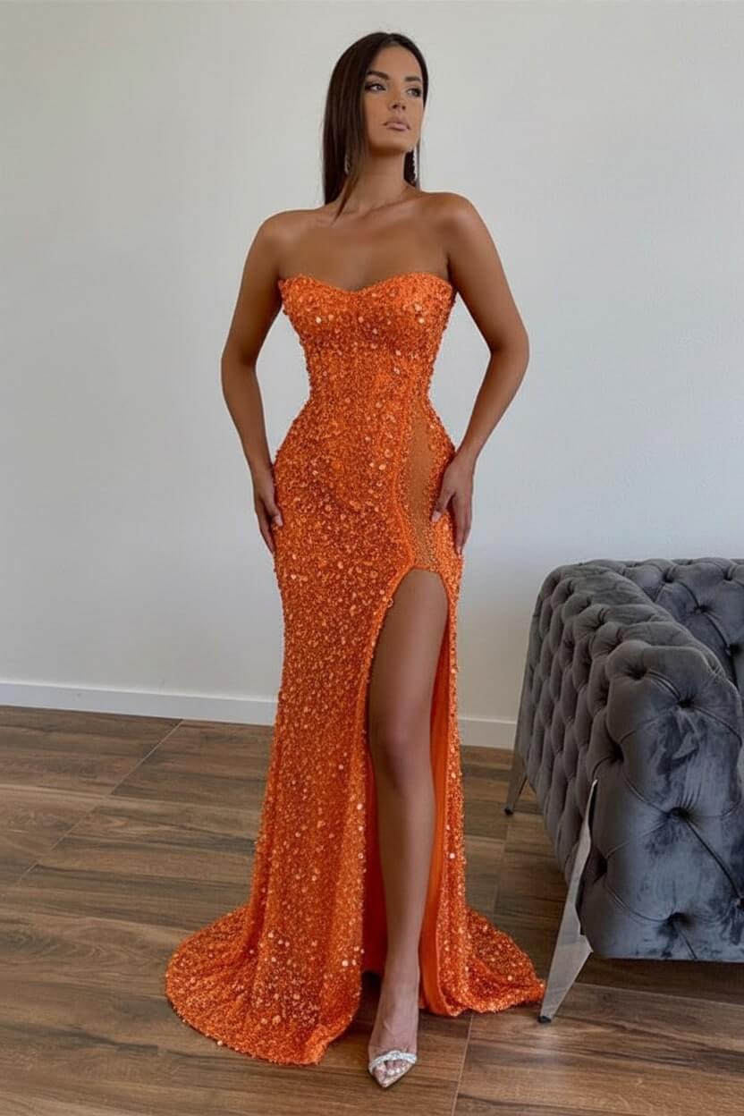 Chic Sequined Long Strapless A-line Evening Prom Dresses with Front Slit