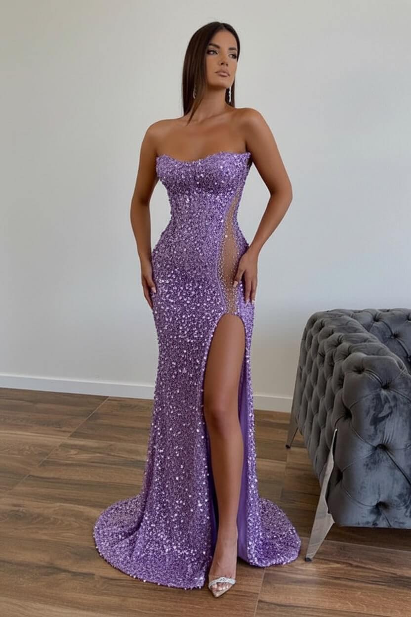 Chic Sequined Long Strapless A-line Evening Prom Dresses with Front Slit