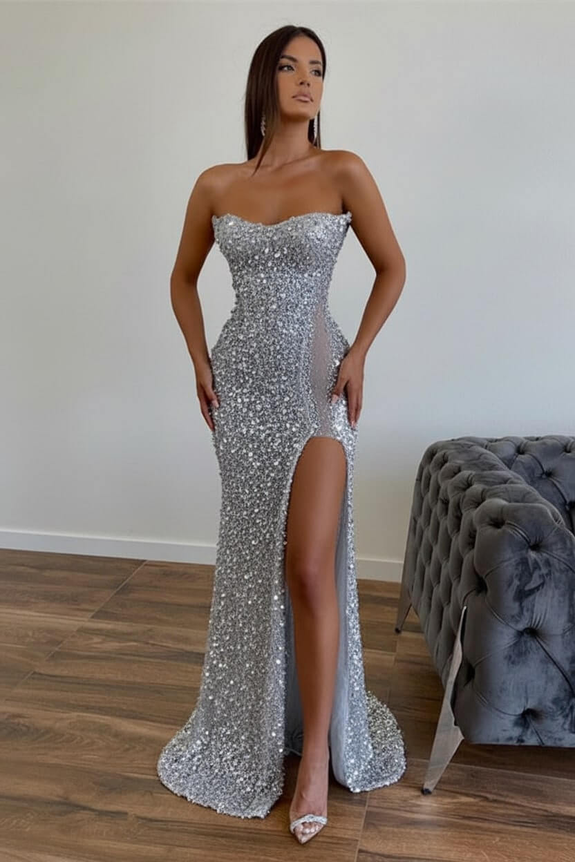Chic Sequined Long Strapless A-line Evening Prom Dresses with Front Slit