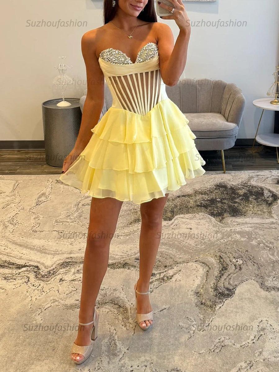 Suzhoufashion Strapless Sheer Bodice Tiered Short Homecoming Dress with Crystal