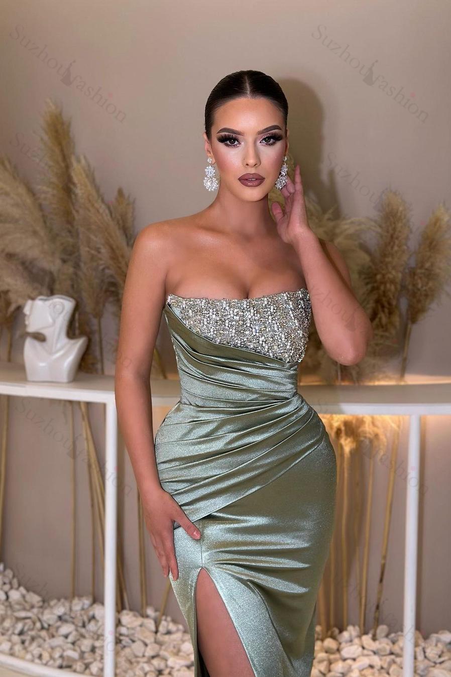 Strapless Sleeveless Beading Sleeveless Split Evening Formal Dress with Ruffled