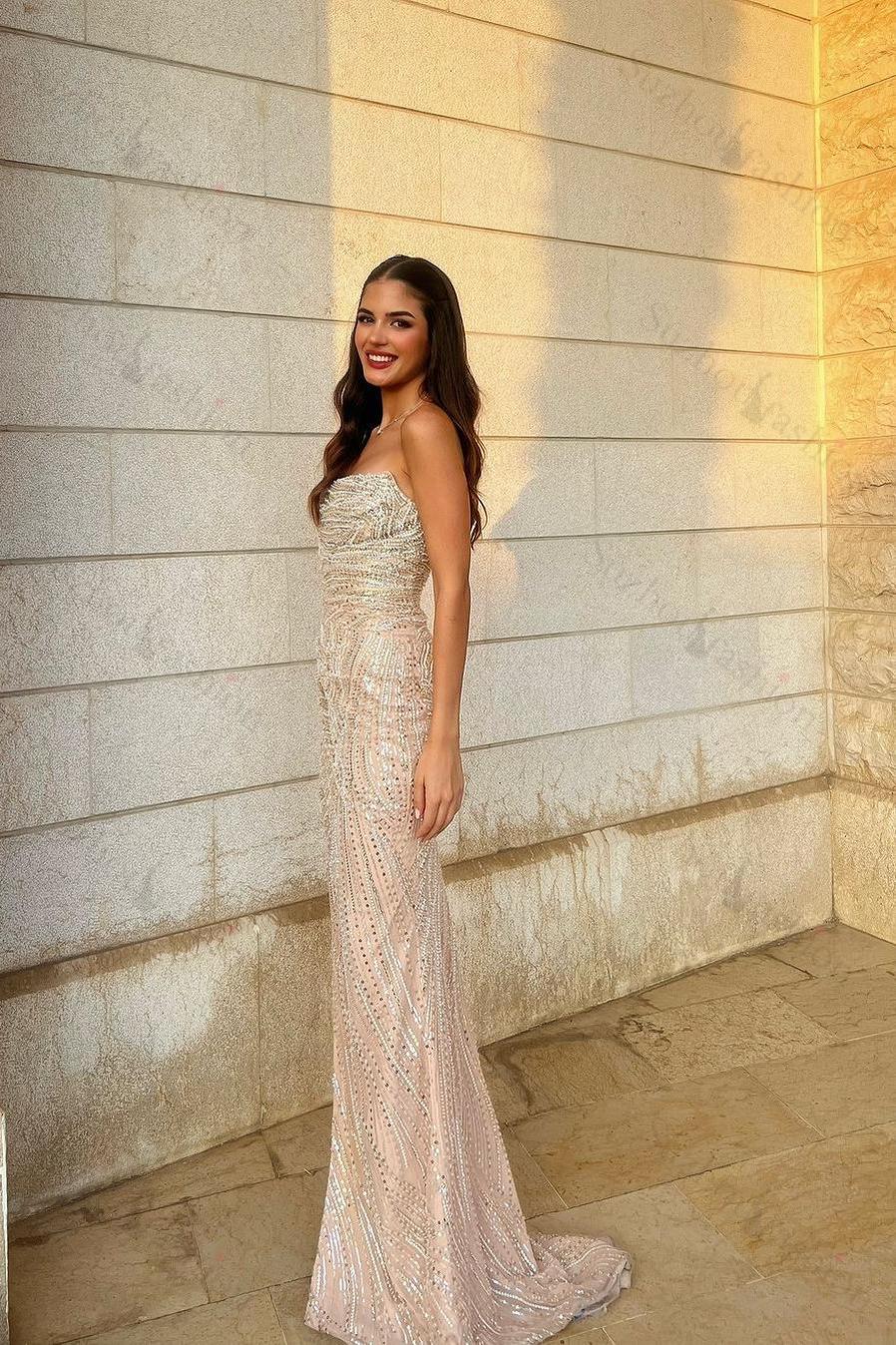 Strapless Sleeveless Beadings Long Evening Formal Dress With High Split