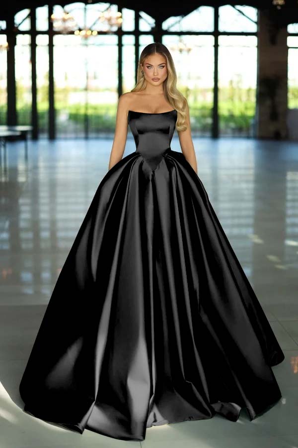 Strapless Sleeveless Long A Line Evening Formal Dress With Pockets Pleated