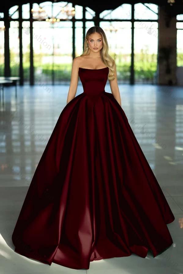 Strapless Sleeveless Long A Line Evening Formal Dress With Pockets Pleated