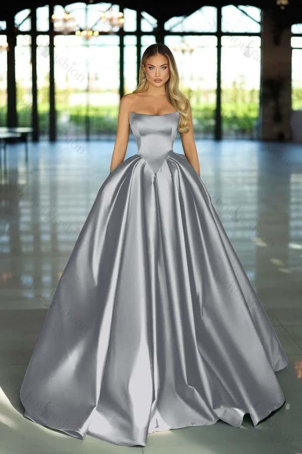 Strapless Sleeveless Long A Line Evening Formal Dress With Pockets Pleated