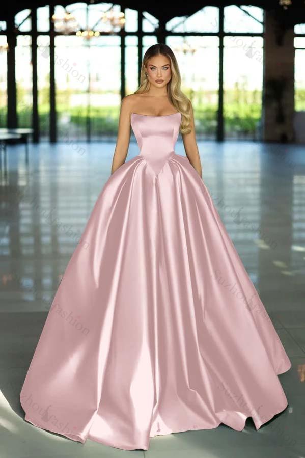 Strapless Sleeveless Long A Line Evening Formal Dress With Pockets Pleated