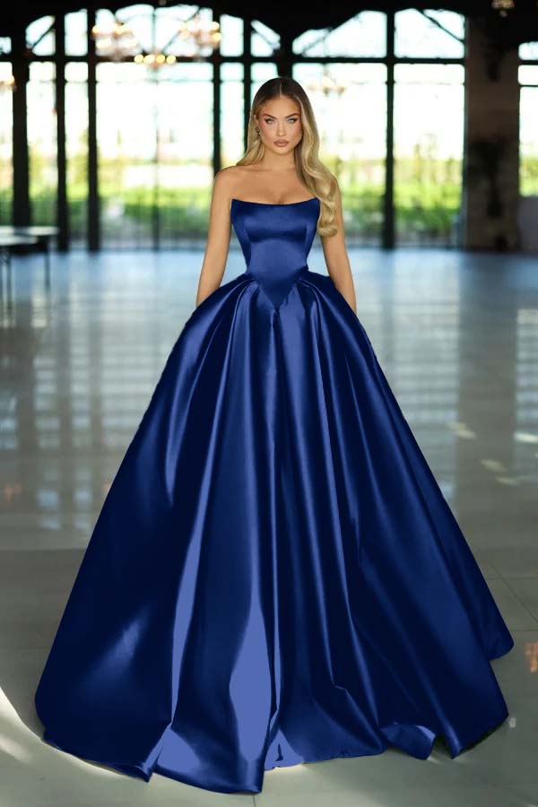 Strapless Sleeveless Long A Line Evening Formal Dress With Pockets Pleated