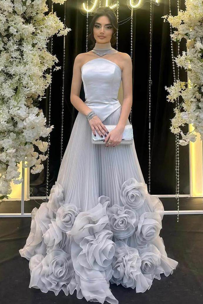 Strapless Sleeveless Long Evening Formal Dress With Flower Pleated Ruffle