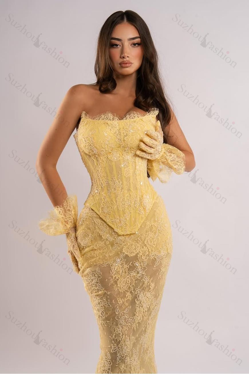Strapless Sleeveless Long Mermaid Evening Formal Dress With Lace Embroidery Gloves