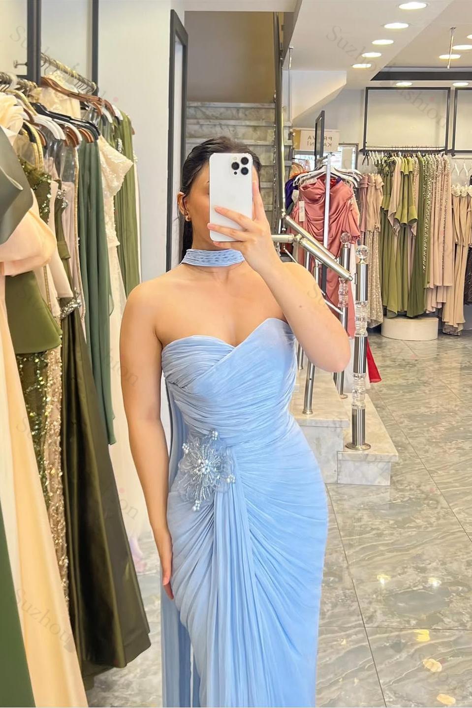 Strapless Sleeveless Long Mermaid Evening Formal Dress With Pleated Appliques