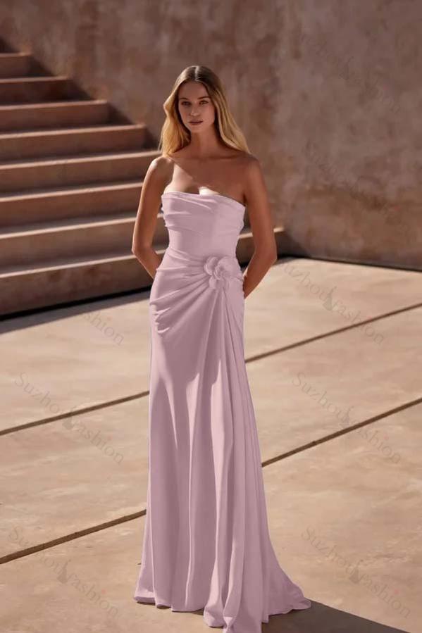 Strapless Sleeveless Long Mermaid Evening Formal Dress With Pleated Flower