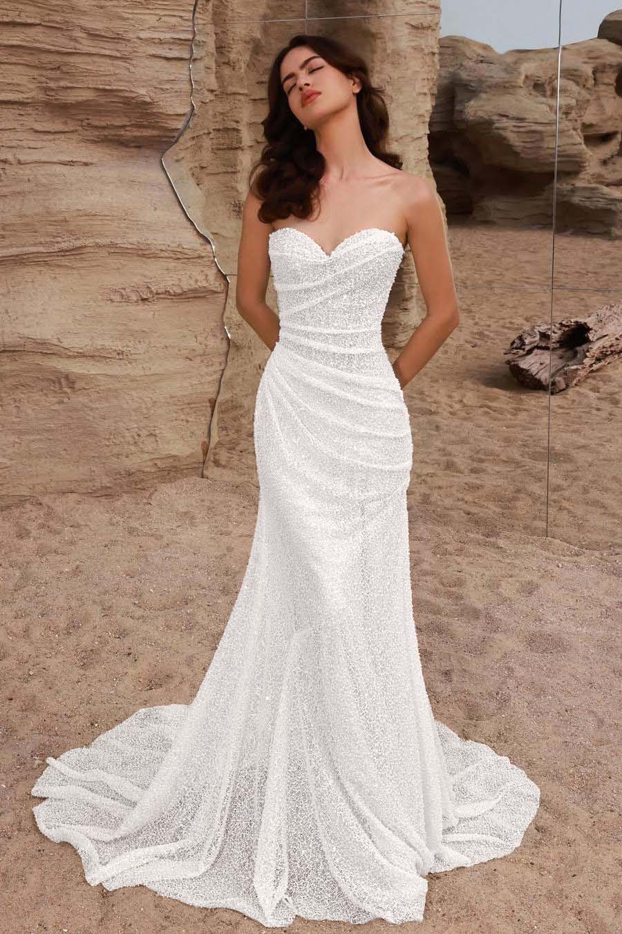 Strapless Sleeveless Long Mermaid Evening Formal Dress With Pleated Sequined