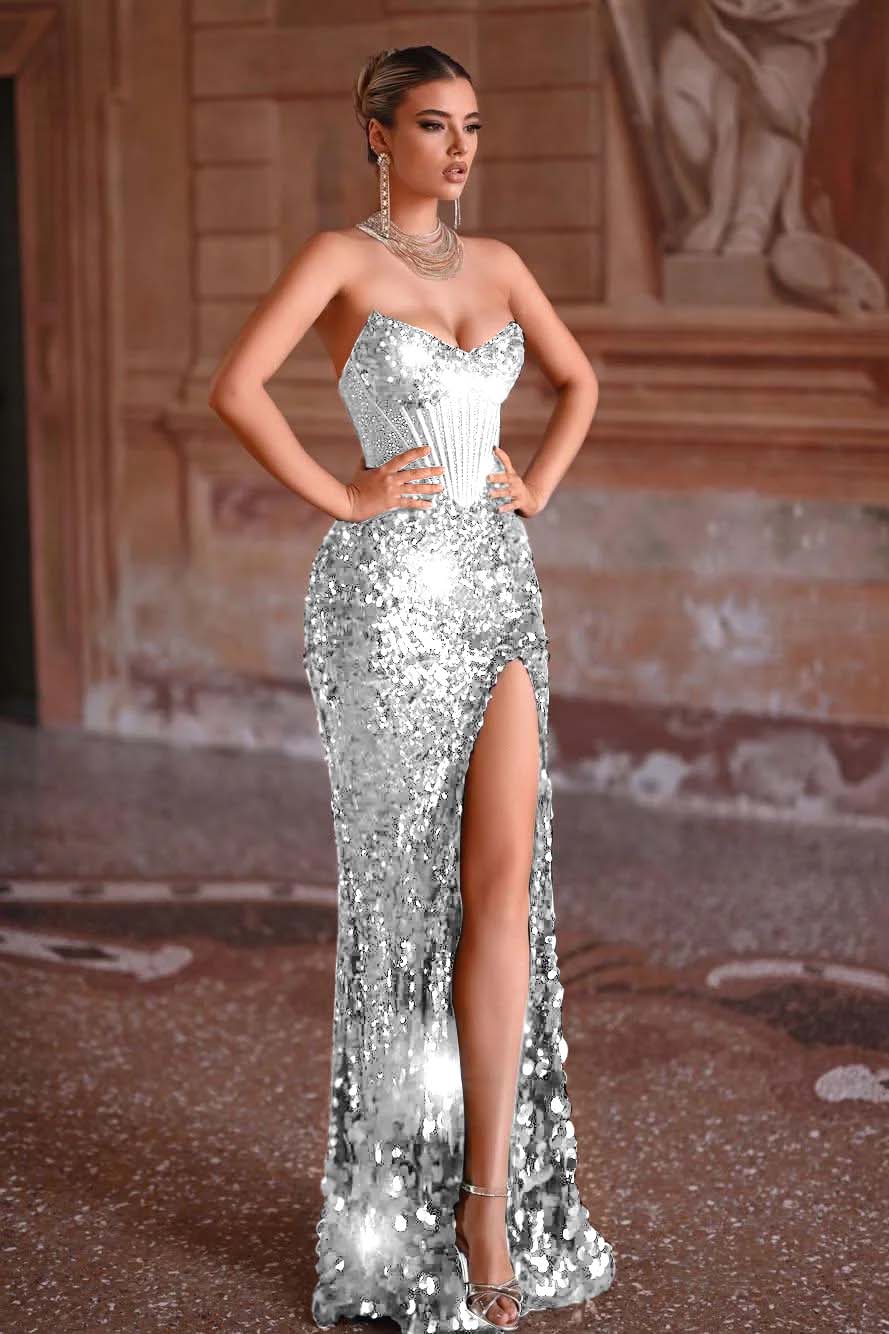 Strapless Sleeveless Long Mermaid Evening Formal Dress With Split Sequined
