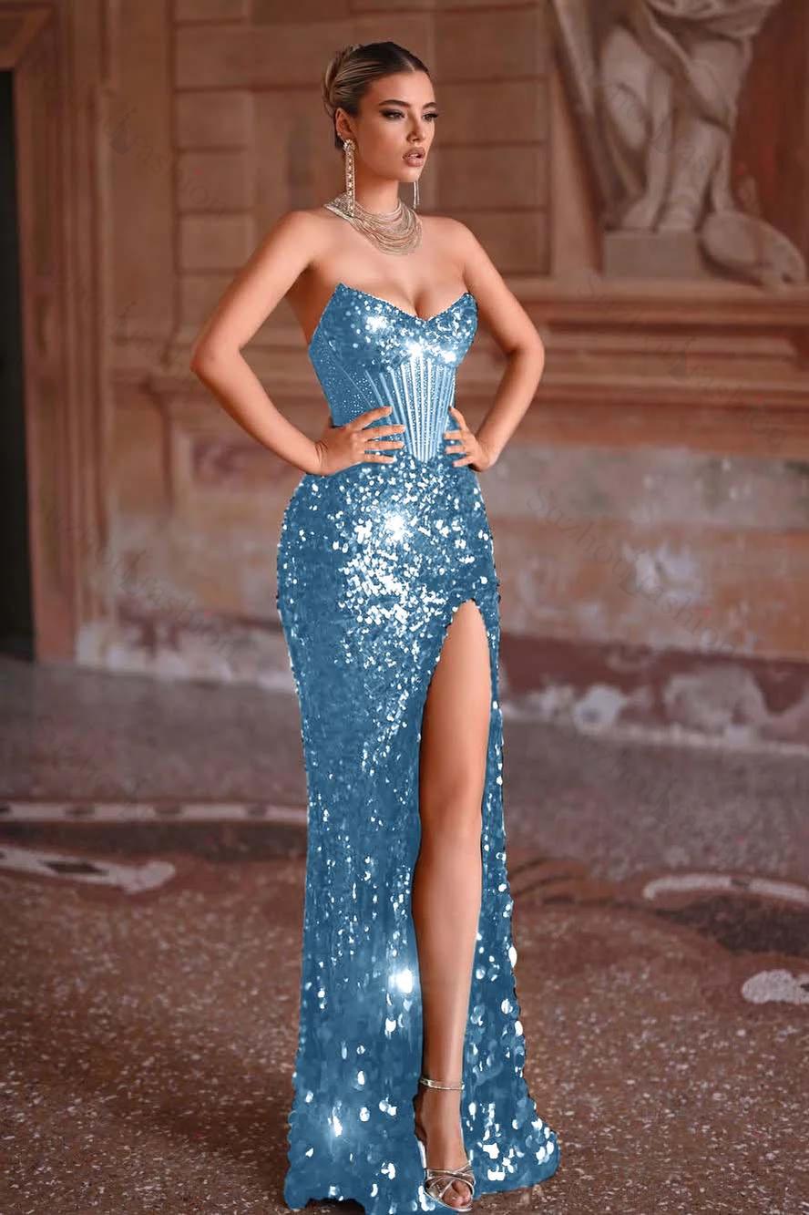 Strapless Sleeveless Long Mermaid Evening Formal Dress With Split Sequined